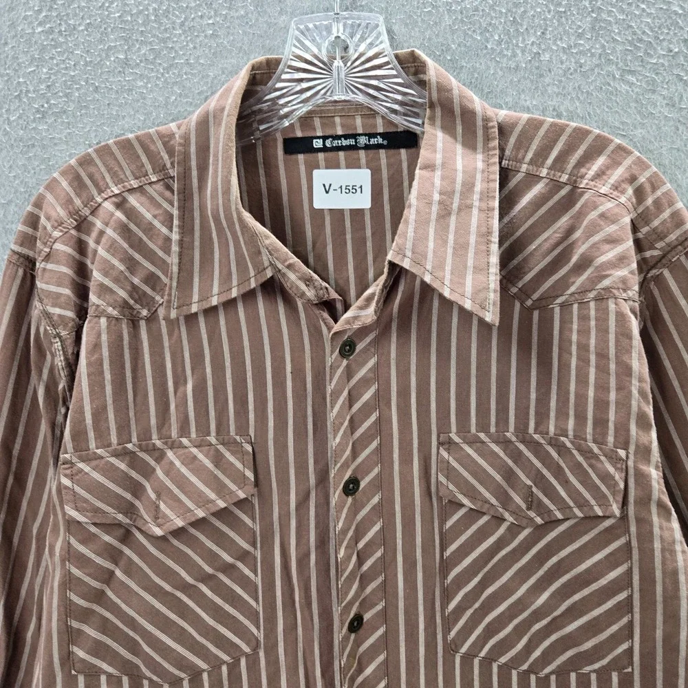 Carbon Black Men‎ Button Up Shirt Large Brown Striped Y2K Grunge Crest Studded